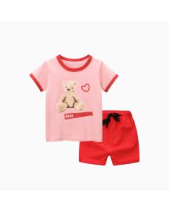 Kids 100% Cotton Short Sleeve T-Shirt & Pant Pajama Set Pink Teddy Bear